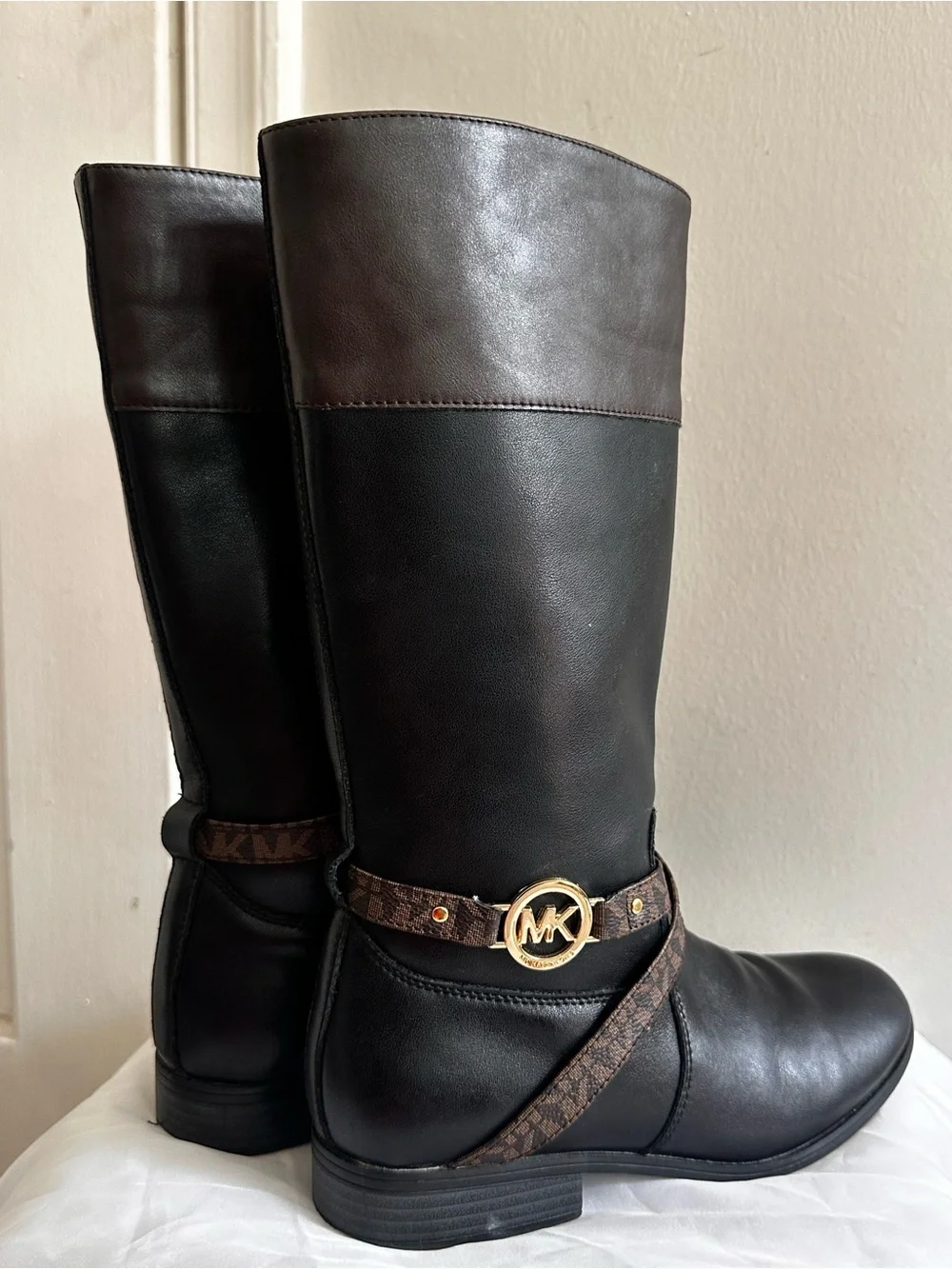 Michael Kors Black and Brown Leather Knee Boots with Gold MK Accent for Girls